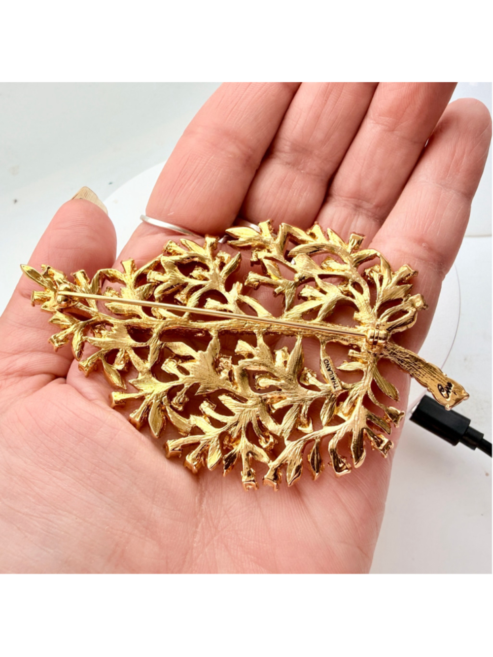 Vintage Coro Thailand Amber Rhinestone Floral Leaf Brooch Gold Tone Statement - Picture 7 of 8